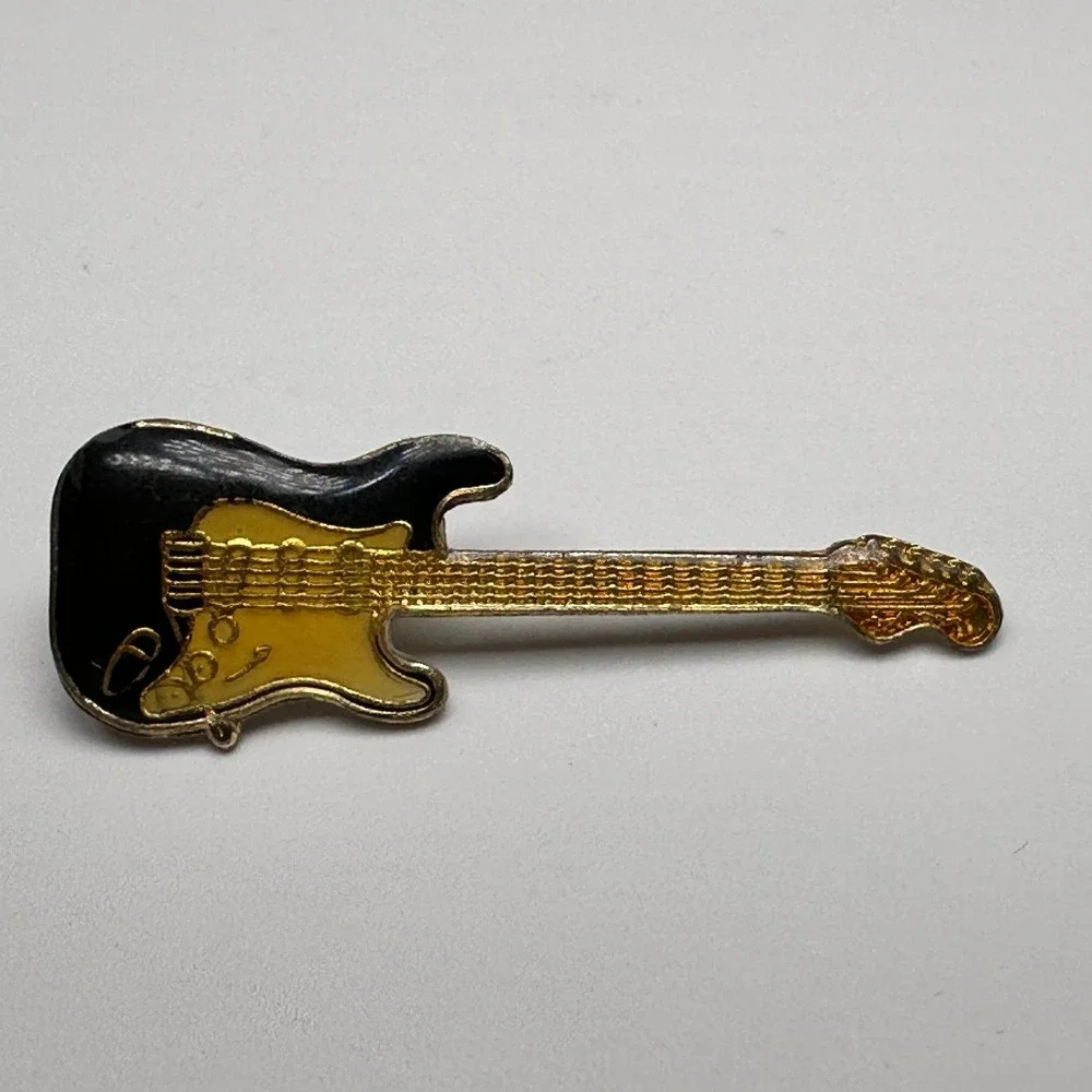 VTG Electric Guitar‎ Lapel Pin Brooch Enamel Black & Gold-Tone Rock & Roll 1.5